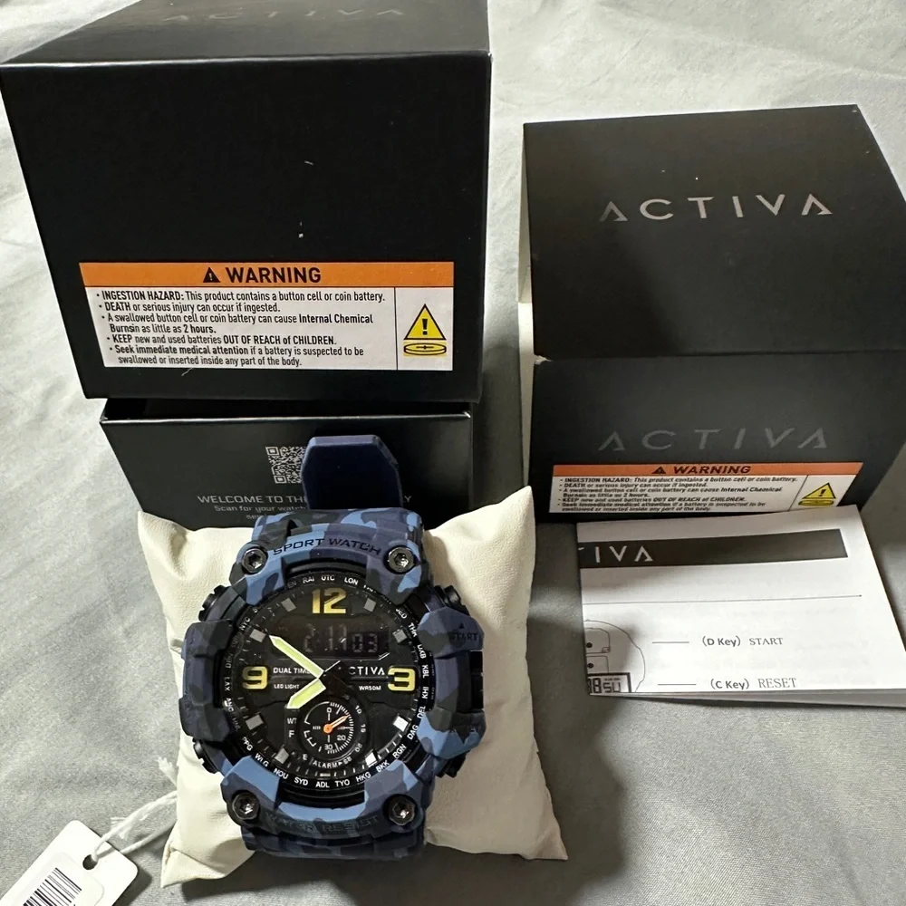 Ativa Blue Camo Sport Watch Analog Digital Water Resistant NWT